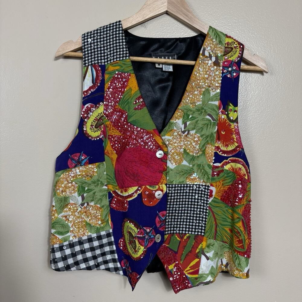 Faith Patchwork Sequin Vest Women's M Coloful Y2K Festival Statement Eclectic